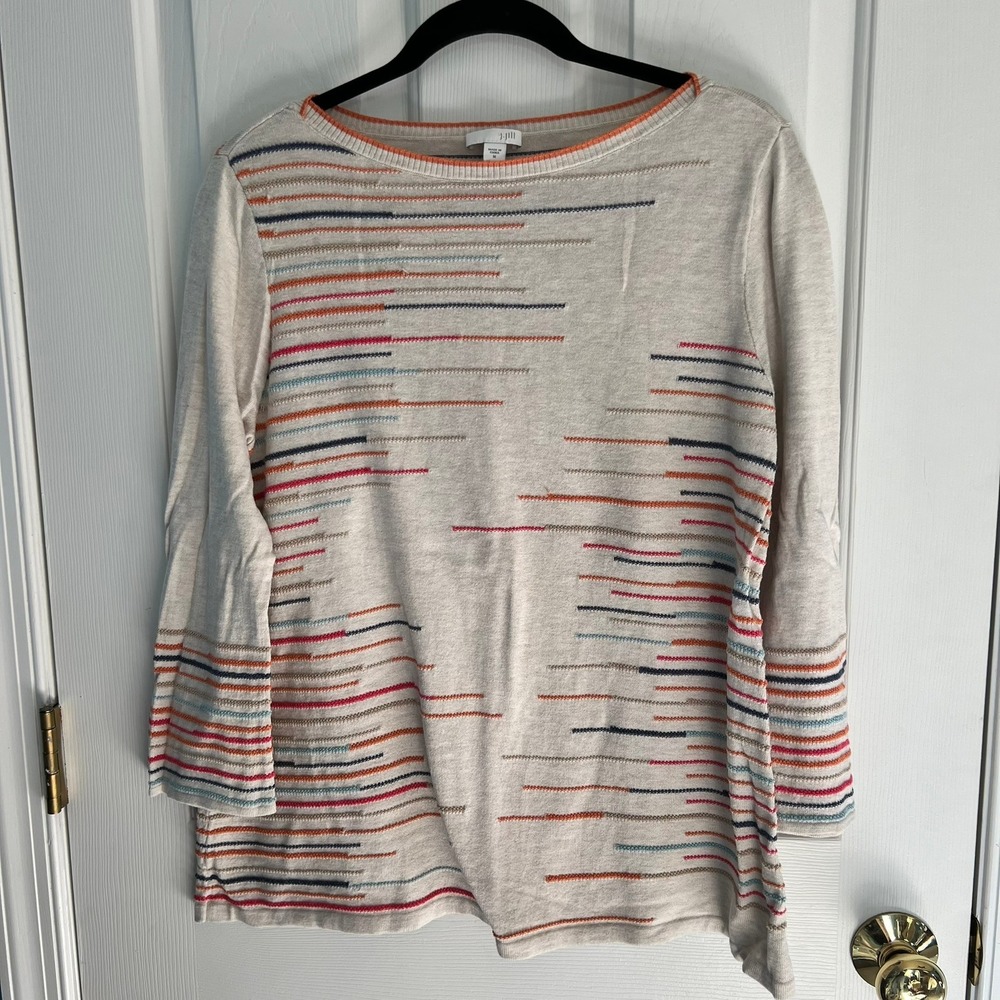 J. Jill Women's M Embroidered Dash Stripe Knit Sweater Oatmeal Multi Color